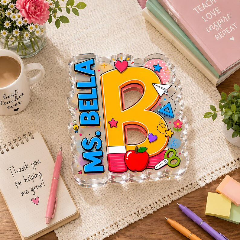 Personalized Teacher Initial Acrylic Block, Custom Name Letter Desk Sign, Teacher Appreciation Acrylic Plaque, End of Year Classroom Decor