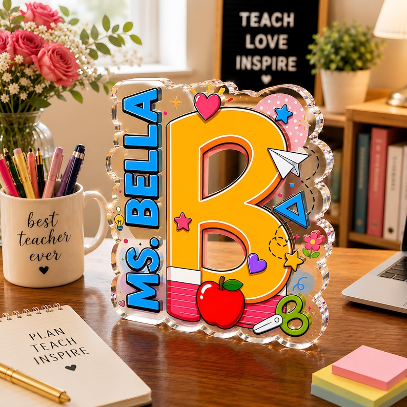 Personalized Teacher Initial Acrylic Block, Custom Name Letter Desk Sign, Teacher Appreciation Acrylic Plaque, End of Year Classroom Decor