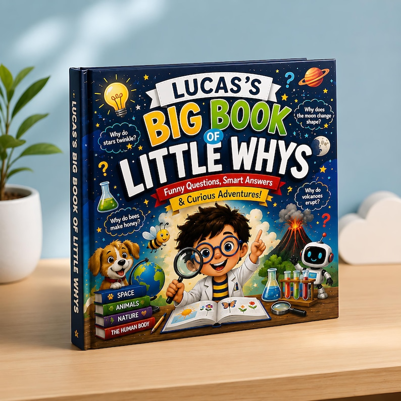 Personalized Big Book of Little Whys, Custom Child Name Learning Story Book, Science Questions for Kids, Curious Toddler Hardcover Gift