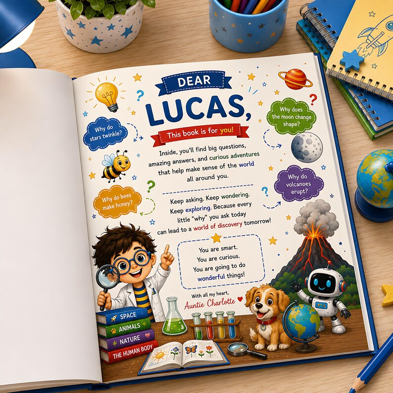Personalized Big Book of Little Whys, Custom Child Name Learning Story Book, Science Questions for Kids, Curious Toddler Hardcover Gift
