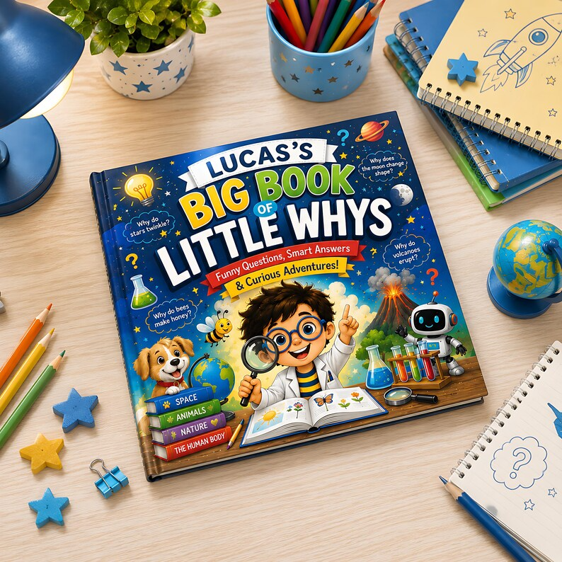 Personalized Big Book of Little Whys, Custom Child Name Learning Story Book, Science Questions for Kids, Curious Toddler Hardcover Gift