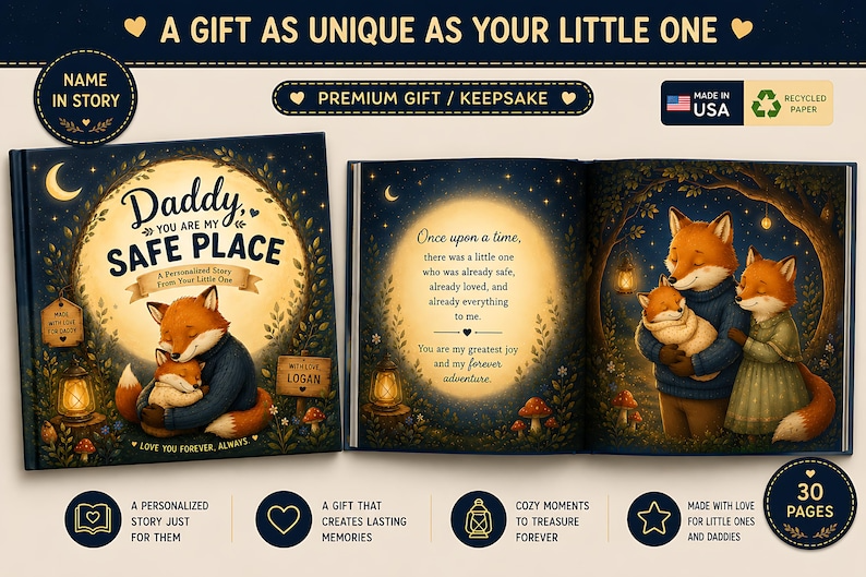 Personalized Daddy &amp; Baby Dream Book, Father's Day Gift for Dad from Baby, Daddy You Are My Safe Place, Custom Story Book, Fox Keepsake Book