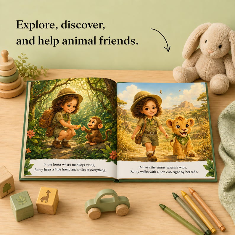 Personalized Animal Safari Book, Custom Baby Name and Face Photo Hardcover, Kindness Adventure Story for Toddlers, First Birthday Gift