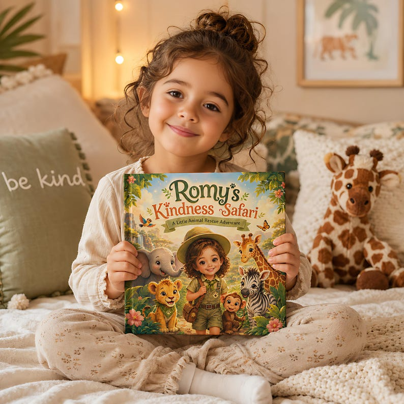 Personalized Animal Safari Book, Custom Baby Name and Face Photo Hardcover, Kindness Adventure Story for Toddlers, First Birthday Gift