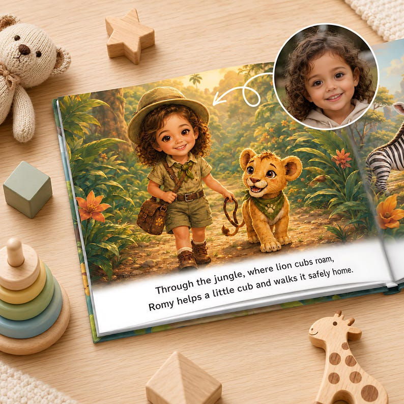 Personalized Animal Safari Book, Custom Baby Name and Face Photo Hardcover, Kindness Adventure Story for Toddlers, First Birthday Gift