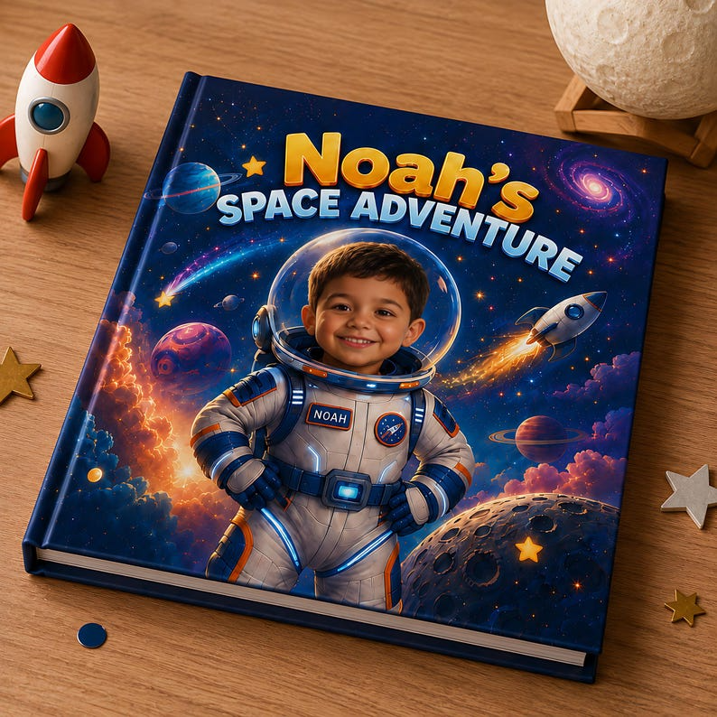 Personalized Space Adventure Book, Custom Child Name and Face Photo Astronaut Story, Kids Science Gift, Outer Space Hardcover Book for Boy