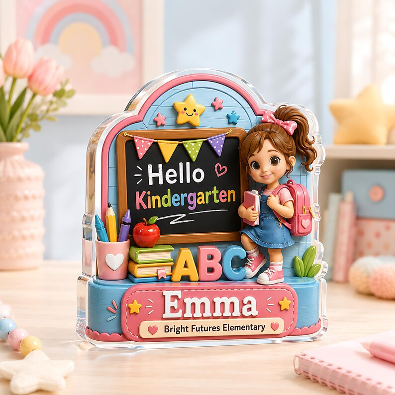 Personalized Kindergarten Acrylic Block, Custom Name Hello Kindergarten Sign, Back to School Gift, First Day of School Desk Decor for Girls