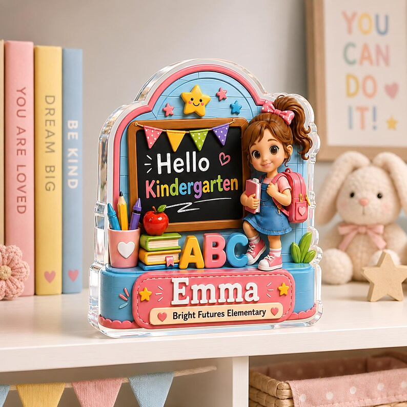 Personalized Kindergarten Acrylic Block, Custom Name Hello Kindergarten Sign, Back to School Gift, First Day of School Desk Decor for Girls