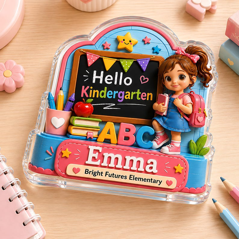 Personalized Kindergarten Acrylic Block, Custom Name Hello Kindergarten Sign, Back to School Gift, First Day of School Desk Decor for Girls
