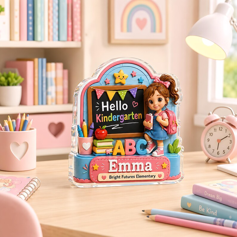 Personalized Kindergarten Acrylic Block, Custom Name Hello Kindergarten Sign, Back to School Gift, First Day of School Desk Decor for Girls