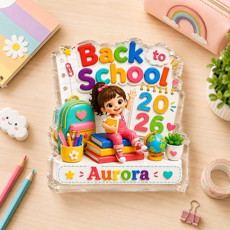 Personalized Back to School Acrylic Block, Custom Name First Day of School Gift, Kindergarten Girl Desk Decor, 2026 School Keepsake for Kids