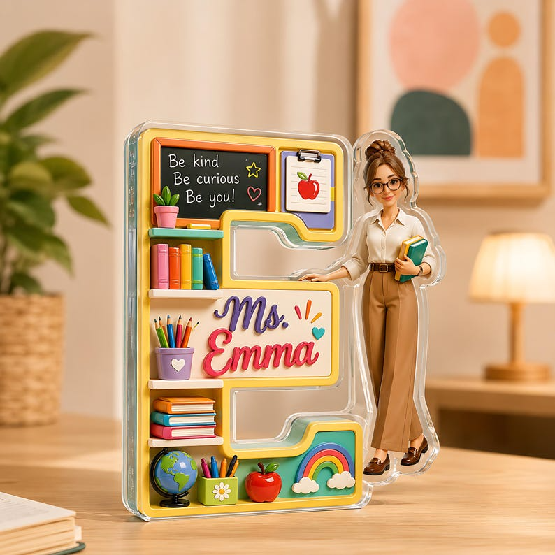 Personalized Teacher Initial Acrylic Block, Custom Name First Letter Desk Sign, Photo Teacher Appreciation Gift, End of Year Classroom Gift