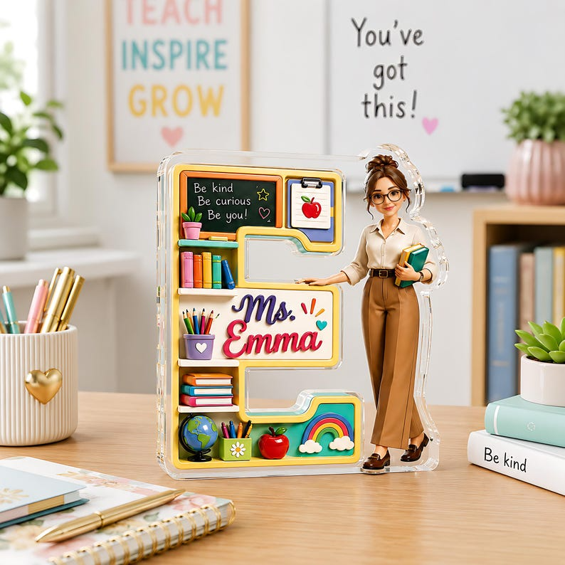 Personalized Teacher Initial Acrylic Block, Custom Name First Letter Desk Sign, Photo Teacher Appreciation Gift, End of Year Classroom Gift