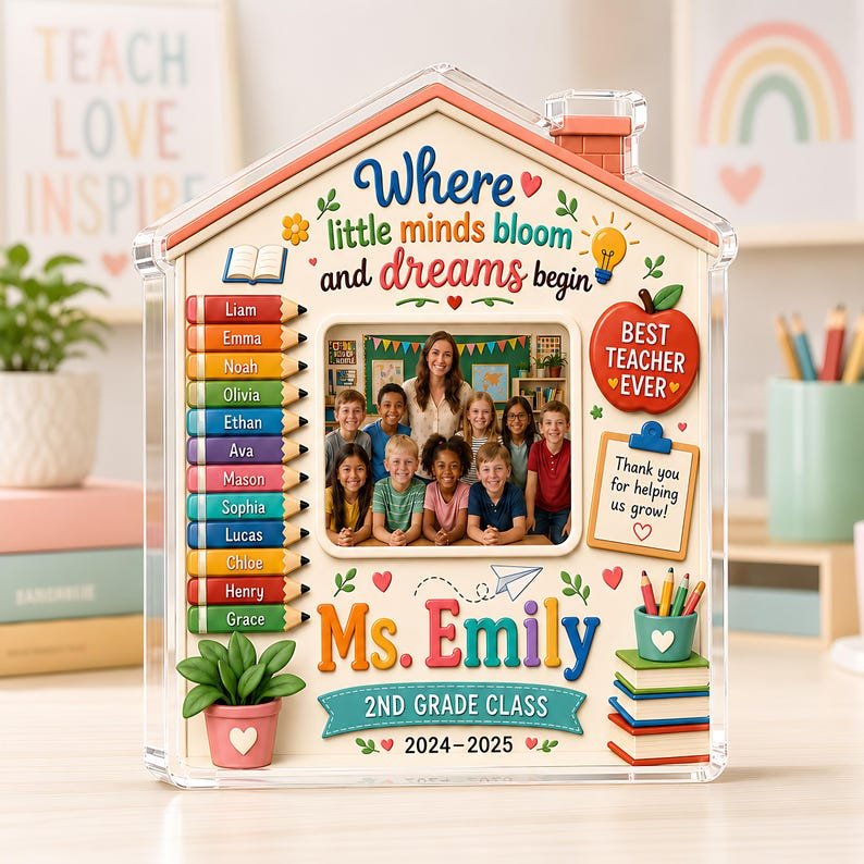 Personalized Teacher Photo Acrylic Block, Custom Class Picture Student Names Gift, Teacher Appreciation End of Year Classroom Keepsake Decor
