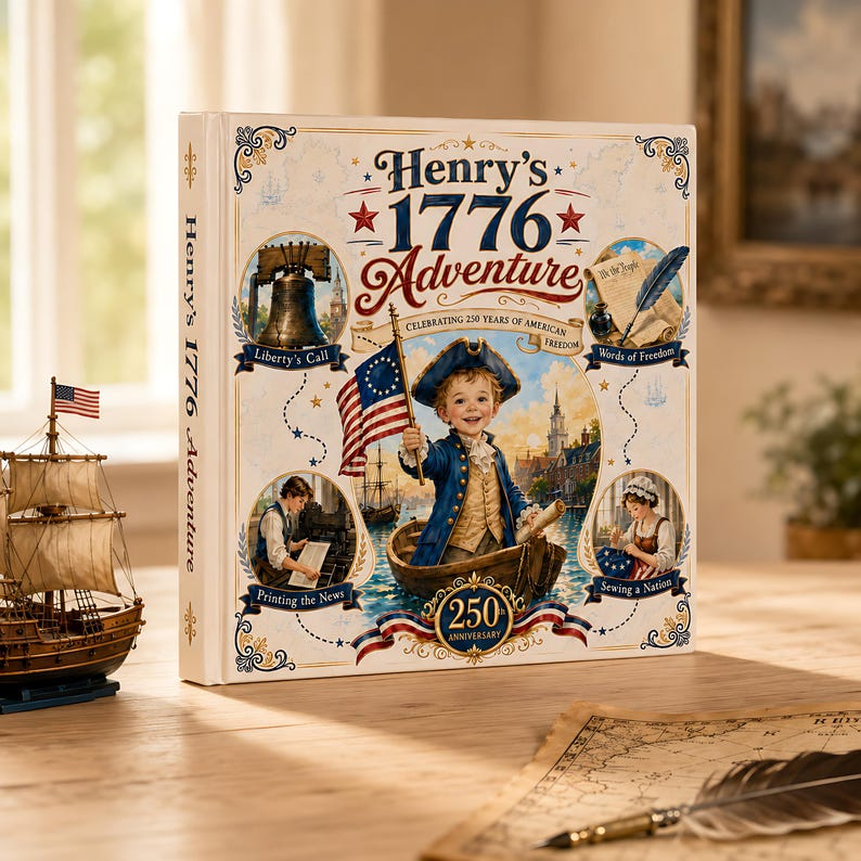 Personalized 1776 Adventure Book, Custom Child Face and Name, America 250th Anniversary, 4th of July Patriotic Kids Hardcover Gift 2026