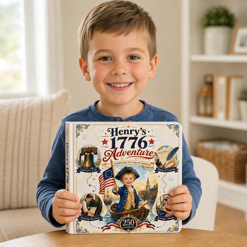 Personalized 1776 Adventure Book, Custom Child Face and Name, America 250th Anniversary, 4th of July Patriotic Kids Hardcover Gift 2026