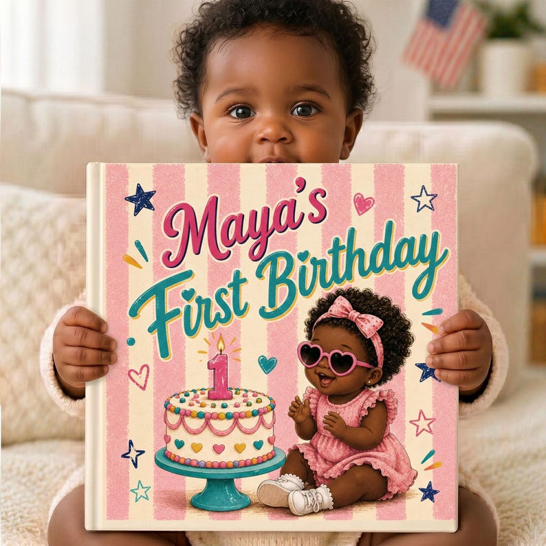 Personalized First Birthday Book | Custom Black Baby Girl Name & Appearance Story | Gift From Aunt, Grandma, Godmom