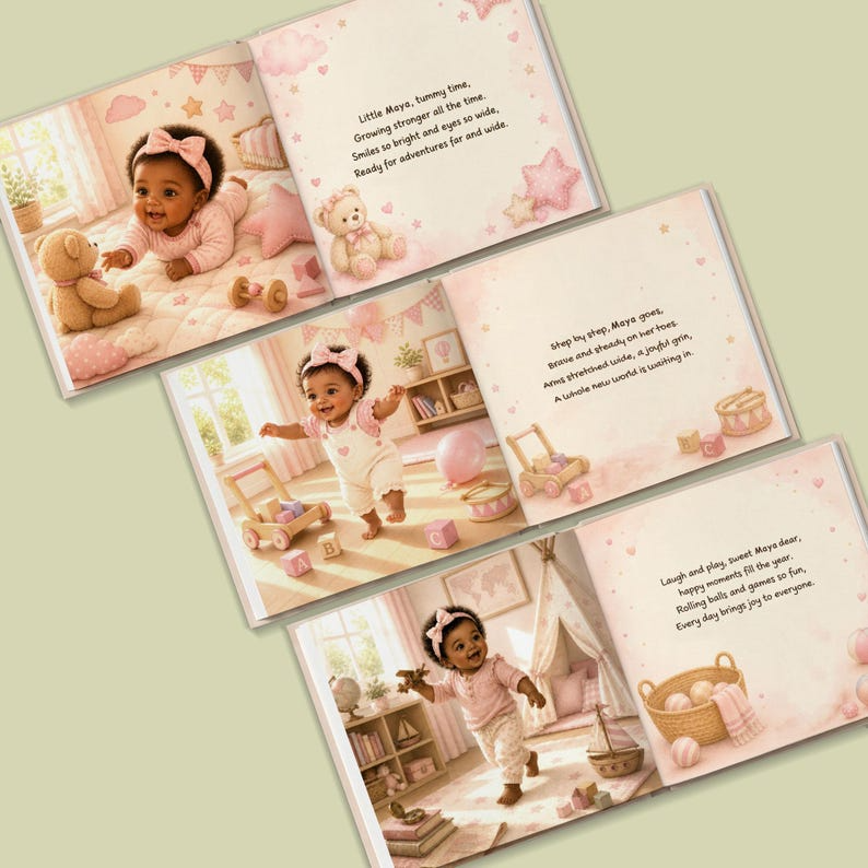 Personalized First Birthday Book | Custom Black Baby Girl Name &amp; Appearance Story | Gift From Aunt, Grandma, Godmom