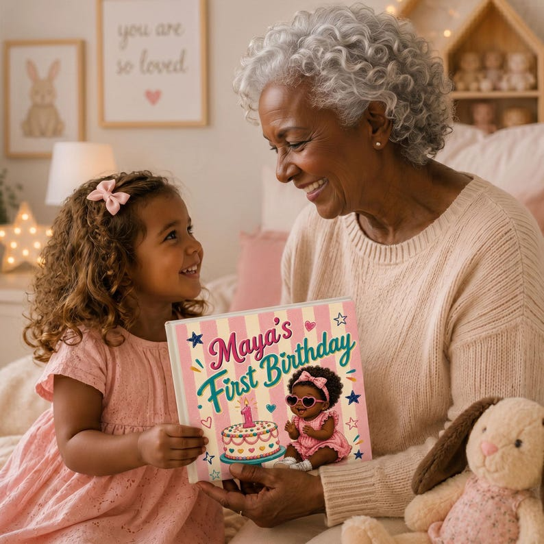 Personalized First Birthday Book | Custom Black Baby Girl Name &amp; Appearance Story | Gift From Aunt, Grandma, Godmom