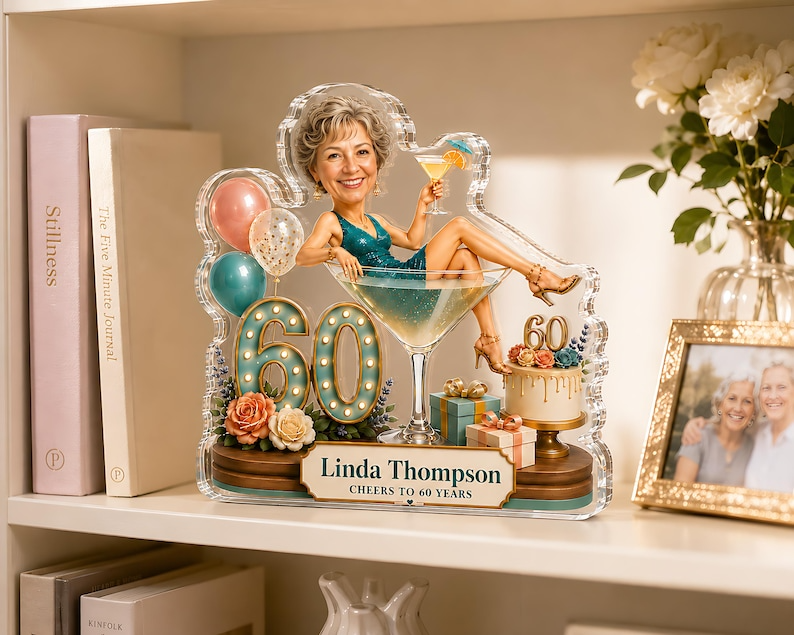 Personalized Photo Birthday Acrylic Block, Custom Photo Face Martini Glass Design, Cheers to 60 Years Gift for Her Mom Wife