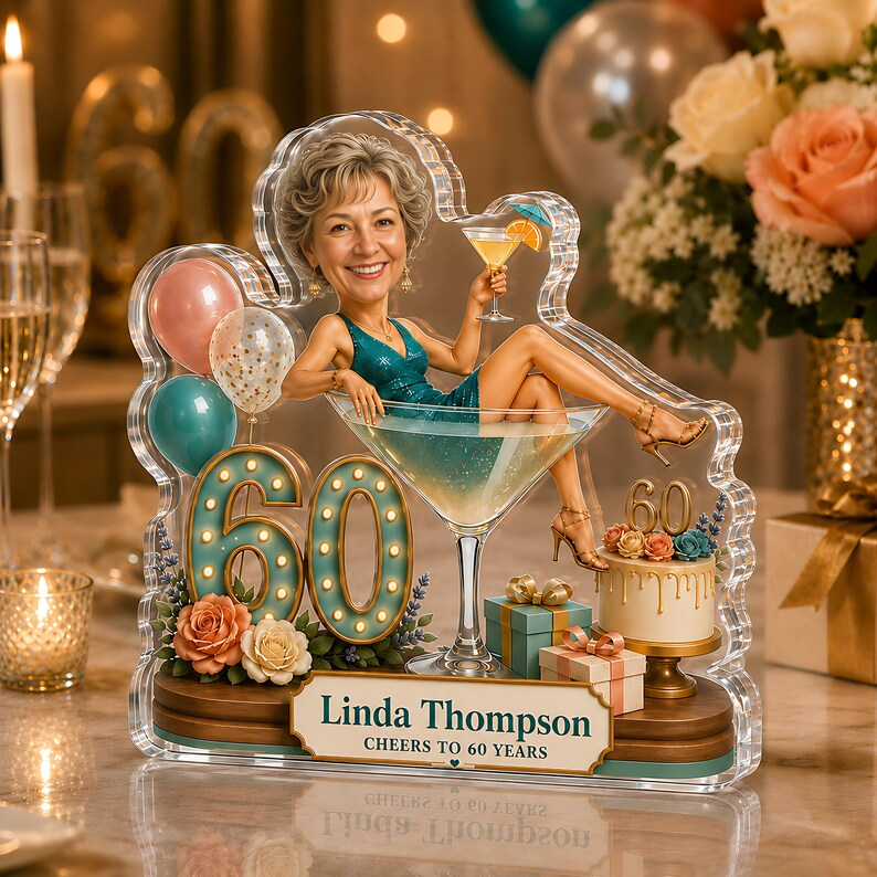 Personalized Photo Birthday Acrylic Block, Custom Photo Face Martini Glass Design, Cheers to 60 Years Gift for Her Mom Wife