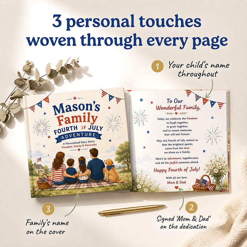 Personalized 250 Years Anniversary Book, Custom Family Story Book, Independence Day Adventure, Patriotic Kids Keepsake Gift for Baby