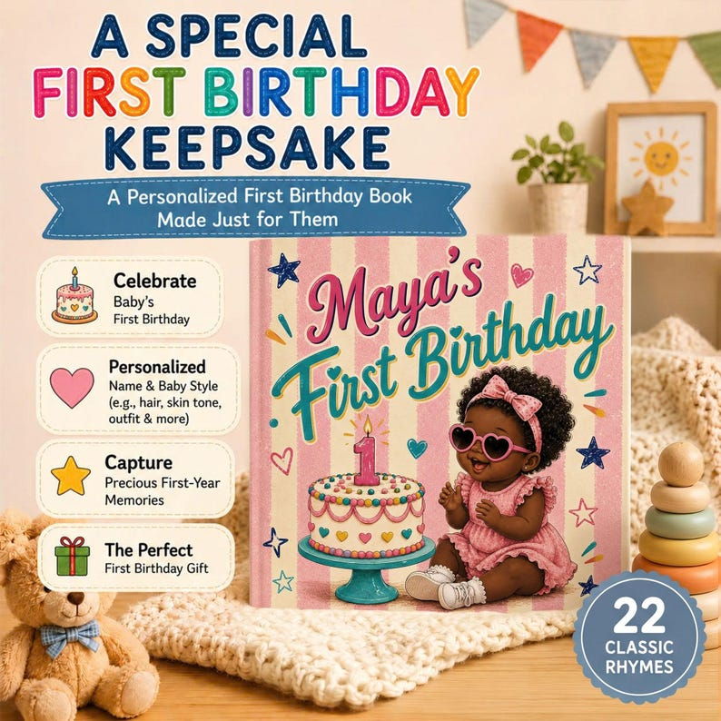 Personalized First Birthday Book | Custom Black Baby Girl Name &amp; Appearance Story | Gift From Aunt, Grandma, Godmom