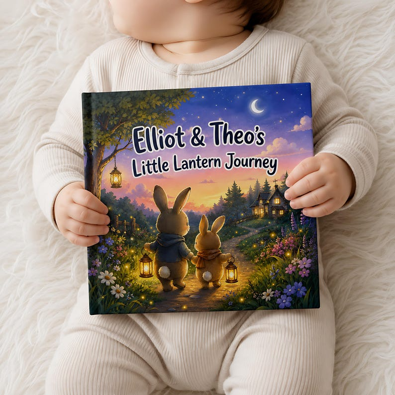 Personalized Sibling Bedtime Story Book, Custom Two Child Names Bunny Lantern Adventure, Nighttime Keepsake Gift for Brothers and Sisters!