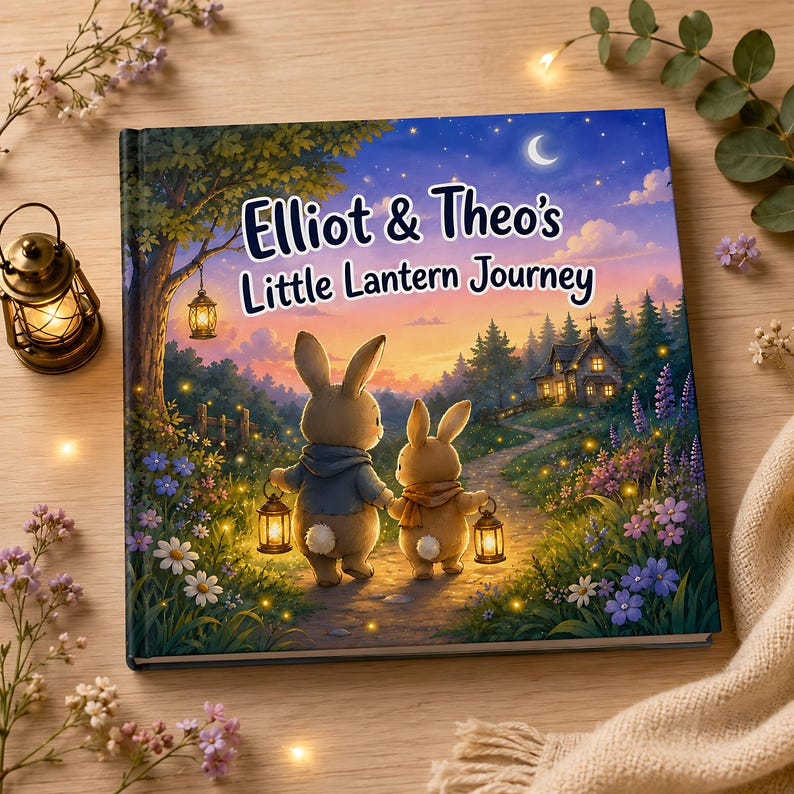 Personalized Sibling Bedtime Story Book, Custom Two Child Names Bunny Lantern Adventure, Nighttime Keepsake Gift for Brothers and Sisters!