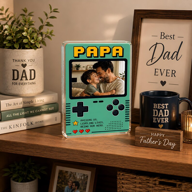 Personalized Gamer Dad Acrylic Block, Custom Photo Retro Game Console Plaque, Papa Gift From Kids, Block Gift For Father's Day