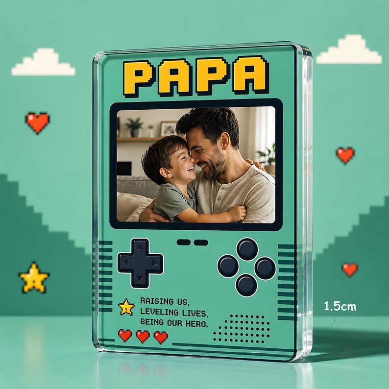 Personalized Gamer Dad Acrylic Block, Custom Photo Retro Game Console Plaque, Papa Gift From Kids, Block Gift For Father's Day