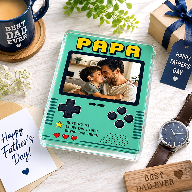 Personalized Gamer Dad Acrylic Block, Custom Photo Retro Game Console Plaque, Papa Gift From Kids, Block Gift For Father's Day