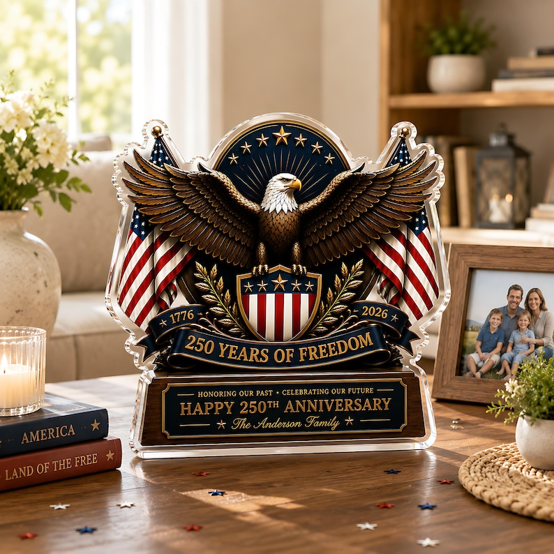 Personalized USA 250th Anniversary Acrylic Block, 1776-2026 Patriotic Eagle Flag Decor, Custom Family Name Freedom Gift For Independence Day
