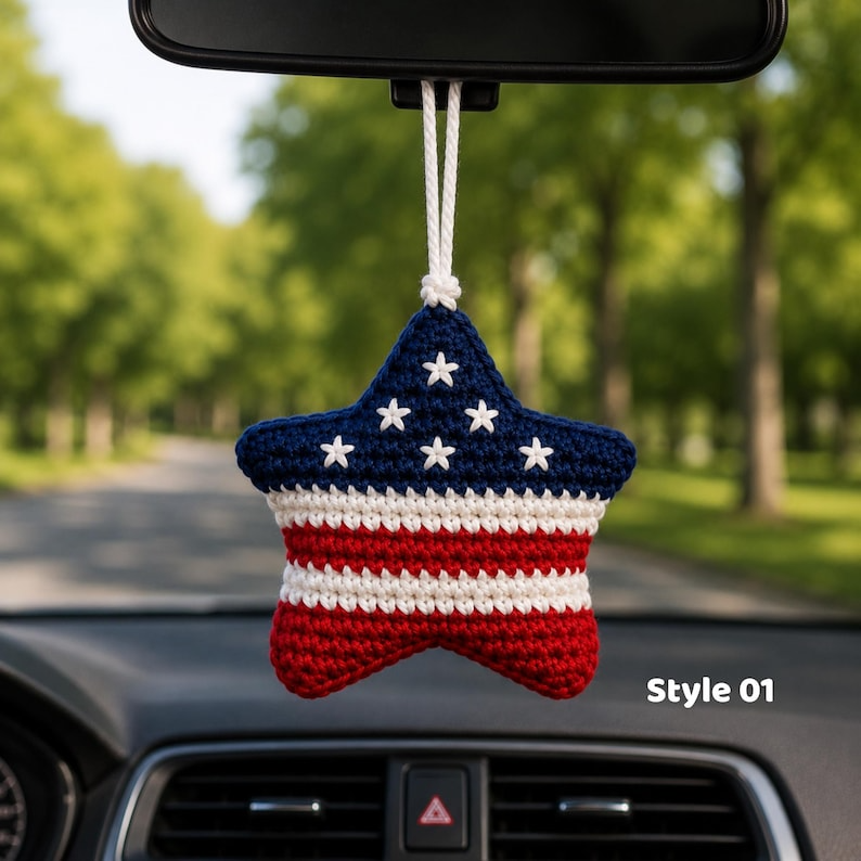 Patriotic Star Car Hanging, Crochet American Flag Car Charm, Rearview Mirror Accessory, 4th of July Gift, Patriotic Gift