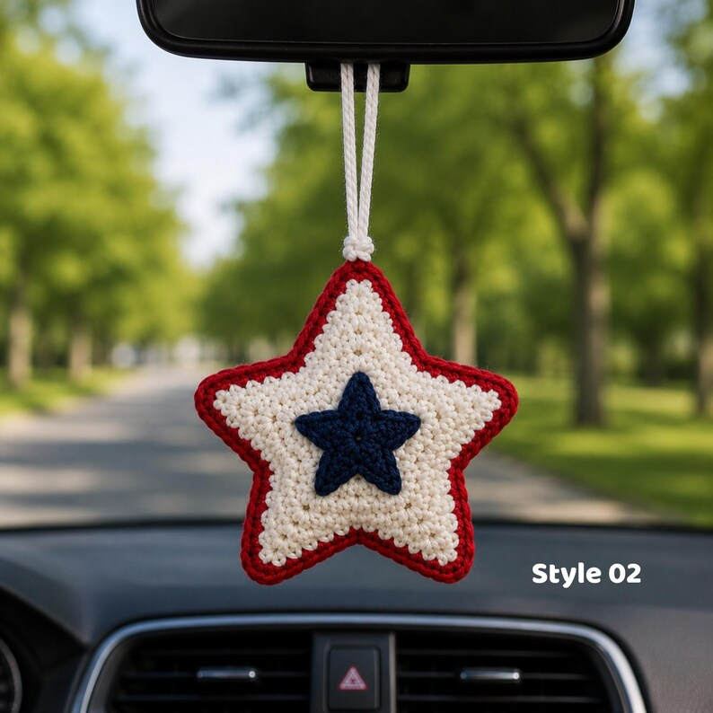 Patriotic Star Car Hanging, Crochet American Flag Car Charm, Rearview Mirror Accessory, 4th of July Gift, Patriotic Gift