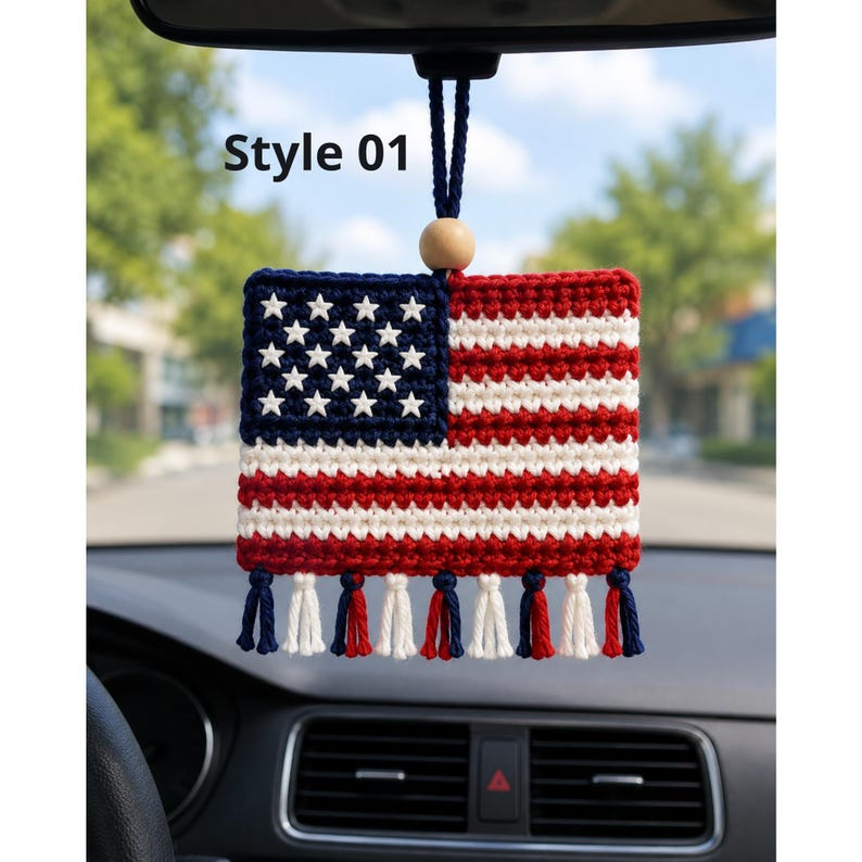 USA Map Crochet Car Hanging, America 250 Ornament, Patriotic Rear View Mirror Charm, Fourth of July Decor, American Flag Car Accessory