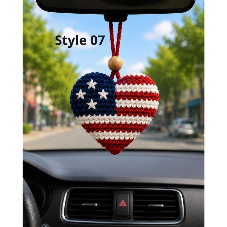 USA Map Crochet Car Hanging, America 250 Ornament, Patriotic Rear View Mirror Charm, Fourth of July Decor, American Flag Car Accessory