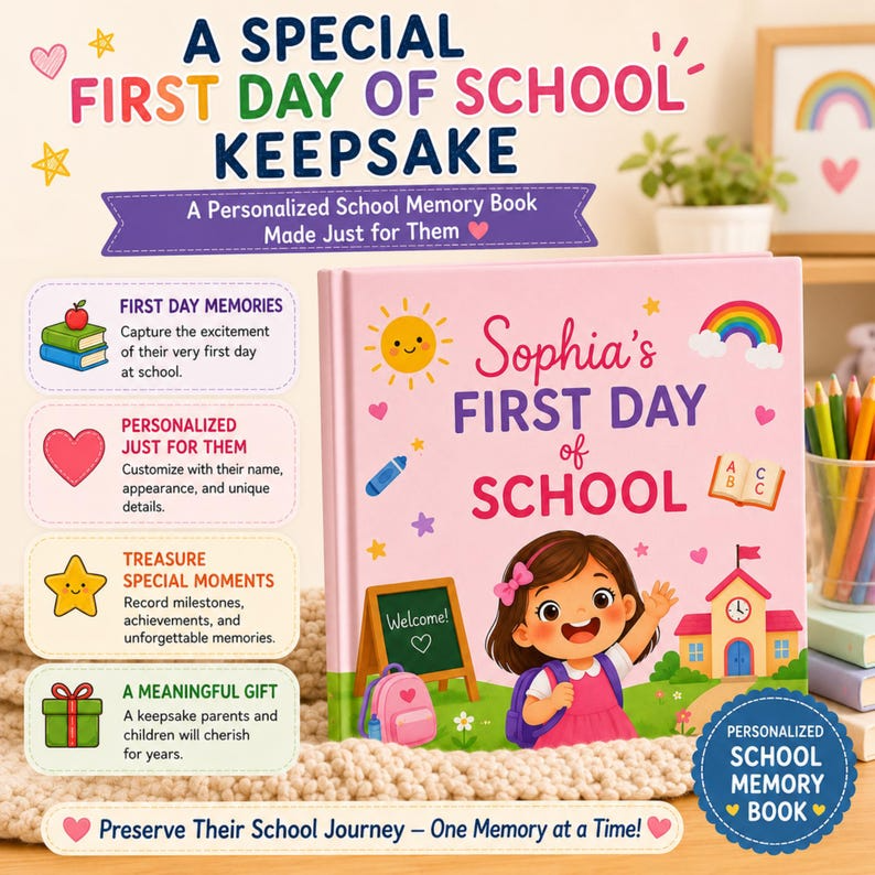 Custom First Day of School Book Personalized Back to School Gift for Boy Girl Pre-K Kindergarten Children's Storybook with Name Grandchild