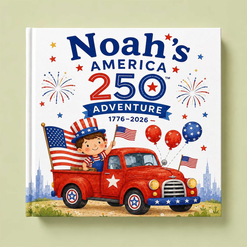 Custom Kids Adventure Book with Name, America 250 Storybook, Personalized Character Gift Boy Girl Toddler, Custom Birthday Keepsake
