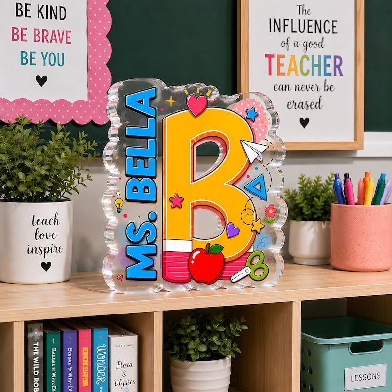 Personalized Teacher Initial Acrylic Block, Custom Name Letter Desk Sign, Teacher Appreciation Acrylic Plaque, End of Year Classroom Decor