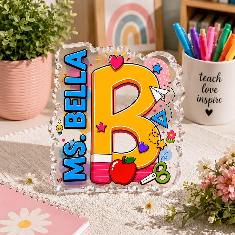 Personalized Teacher Initial Acrylic Block, Custom Name Letter Desk Sign, Teacher Appreciation Acrylic Plaque, End of Year Classroom Decor