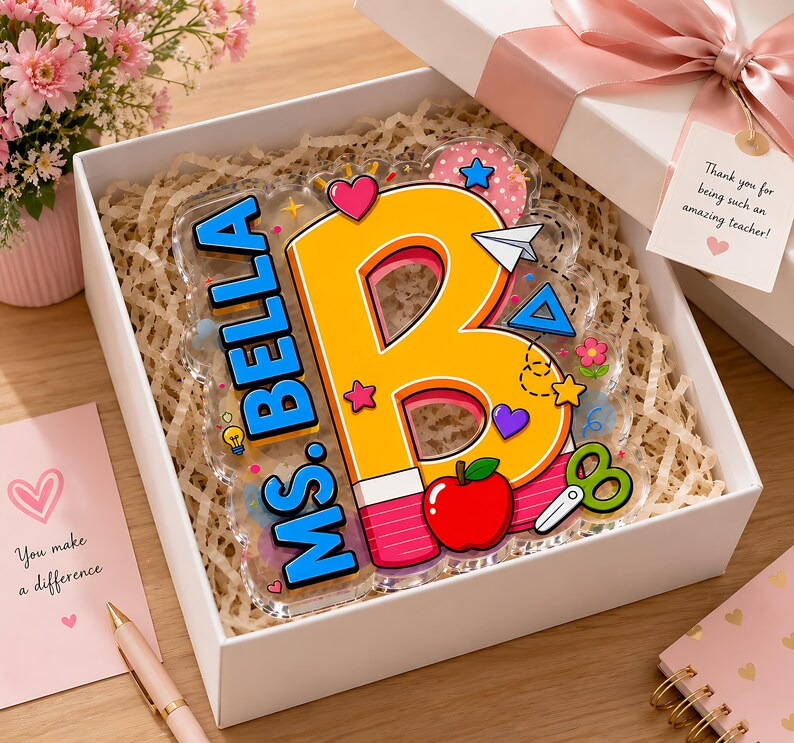 Personalized Teacher Initial Acrylic Block, Custom Name Letter Desk Sign, Teacher Appreciation Acrylic Plaque, End of Year Classroom Decor
