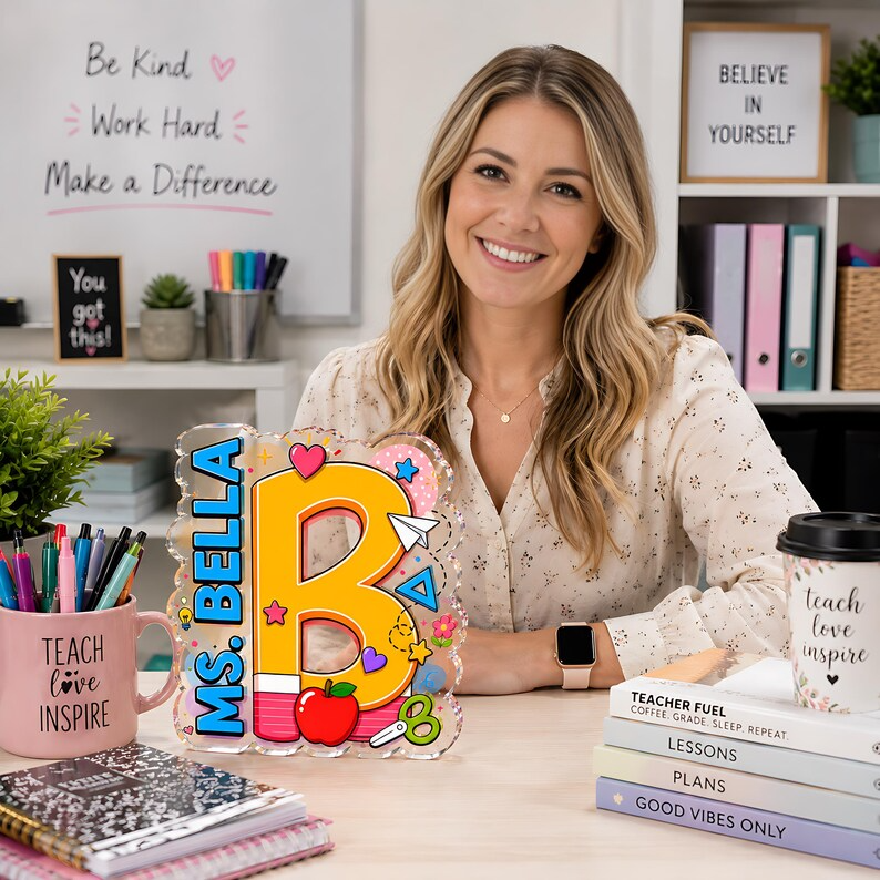 Personalized Teacher Initial Acrylic Block, Custom Name Letter Desk Sign, Teacher Appreciation Acrylic Plaque, End of Year Classroom Decor