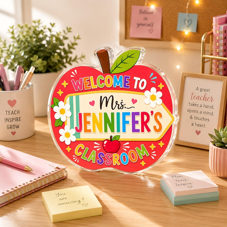 Personalized Teacher Acrylic Block, Custom Apple Classroom Name Sign, Teacher Appreciation Gift, End of Year Teacher Desk Decor, School Gift