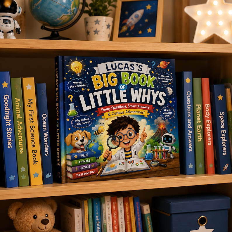 Personalized Big Book of Little Whys, Custom Child Name Learning Story Book, Science Questions for Kids, Curious Toddler Hardcover Gift