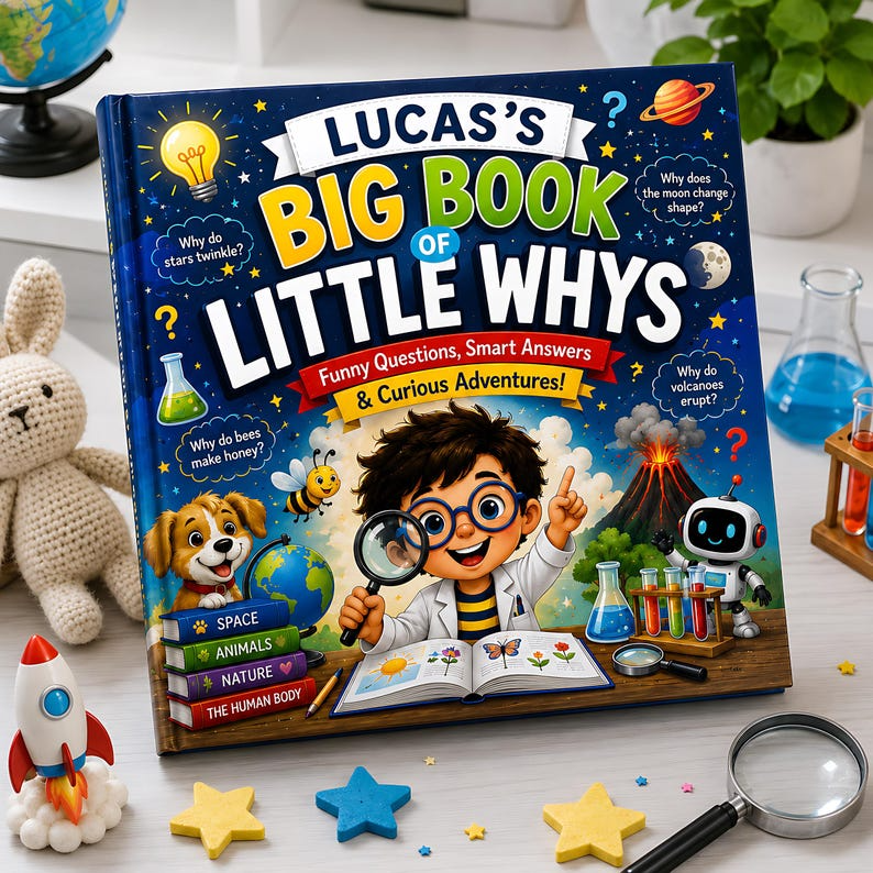 Personalized Big Book of Little Whys, Custom Child Name Learning Story Book, Science Questions for Kids, Curious Toddler Hardcover Gift