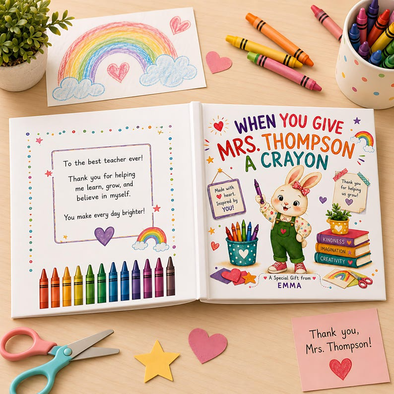 Personalized Teacher Appreciation Book, Custom Thank You Teacher Gift from Student, End of Year Keepsake, Crayon Classroom Story 2026