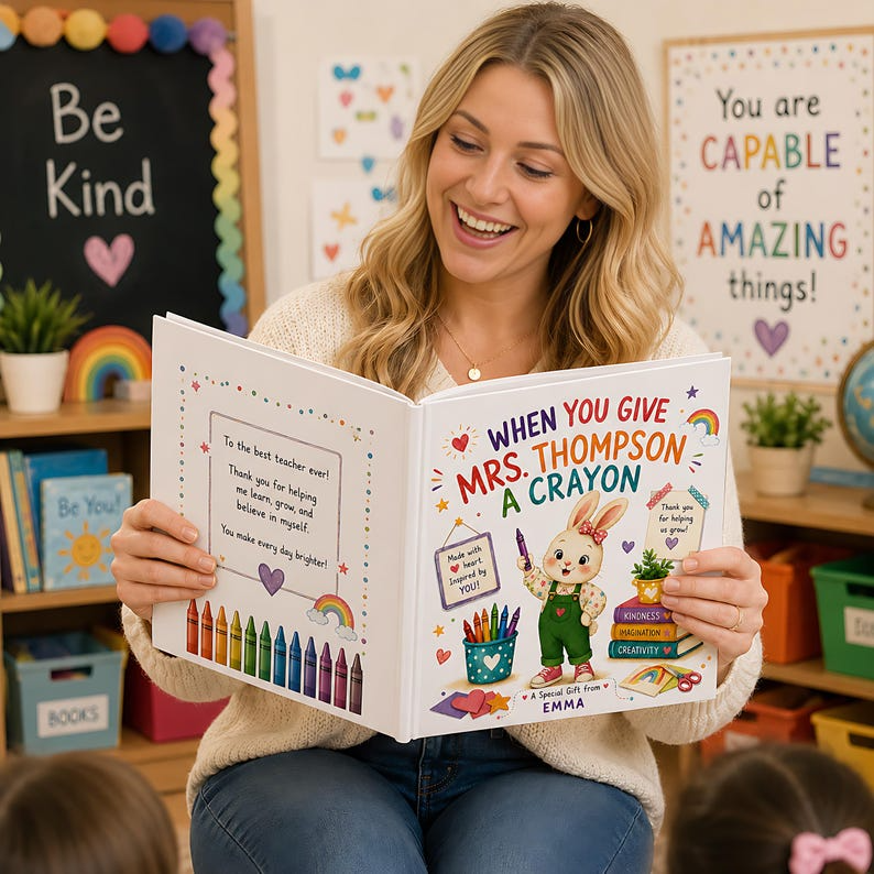 Personalized Teacher Appreciation Book, Custom Thank You Teacher Gift from Student, End of Year Keepsake, Crayon Classroom Story 2026