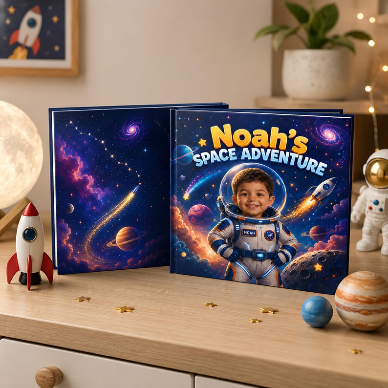 Personalized Space Adventure Book, Custom Child Name and Face Photo Astronaut Story, Kids Science Gift, Outer Space Hardcover Book for Boy
