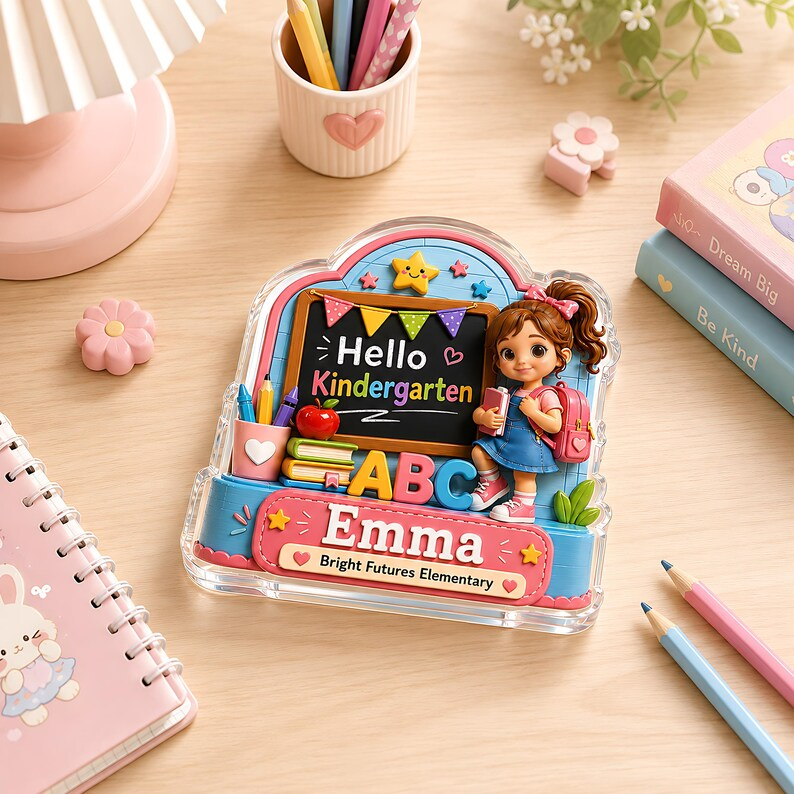 Personalized Kindergarten Acrylic Block, Custom Name Hello Kindergarten Sign, Back to School Gift, First Day of School Desk Decor for Girls